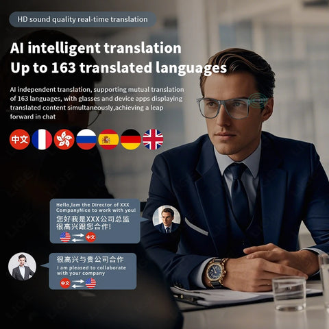 2025 New Smart Glasses Men 163 Online Language Al Intelligent Translation Anti-blue Lenses Wireless Call Voice Assistant Glasses
